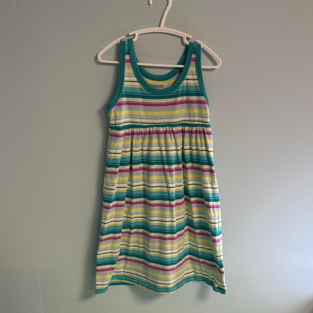 Old Navy Teal Yellow Green and Purple Striped Dress, Girl size 6/7 Dress